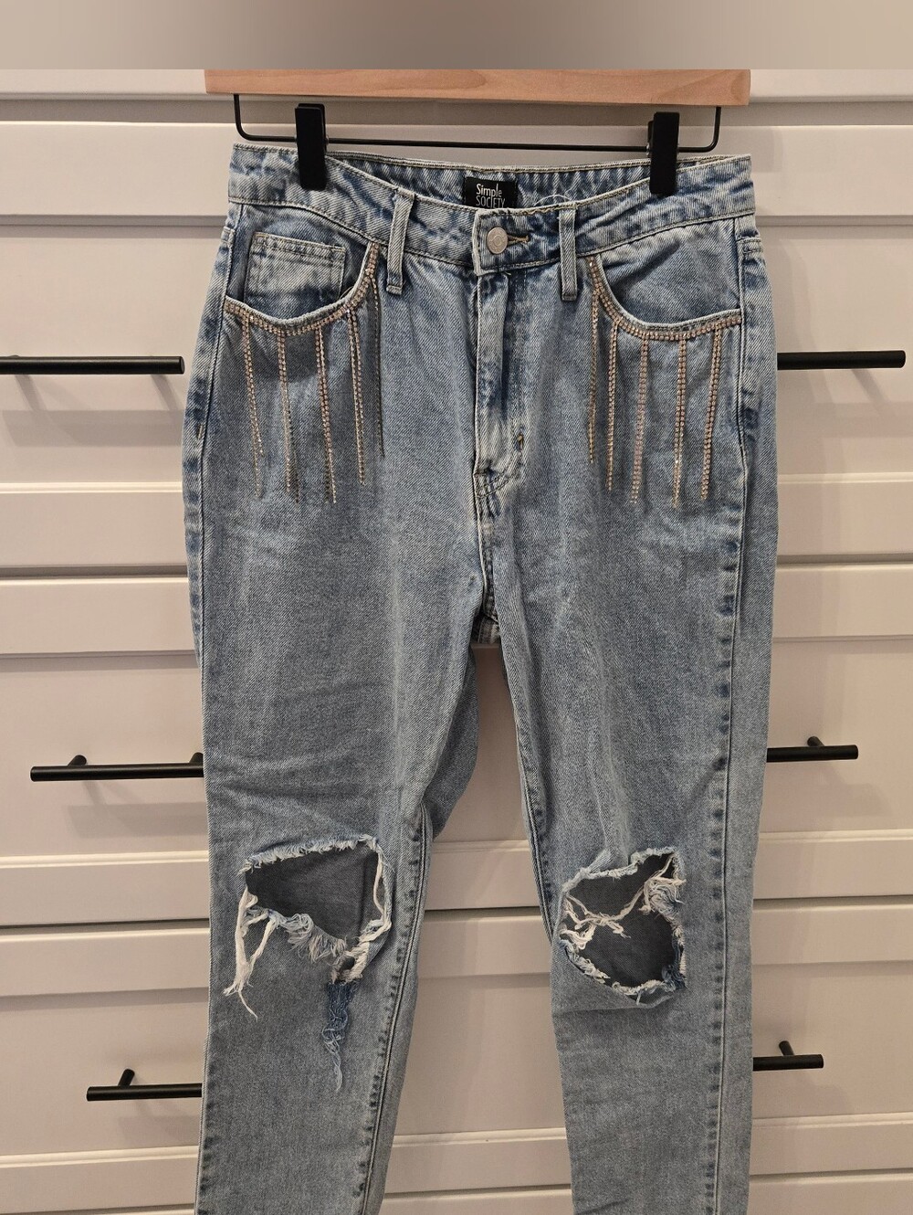 Size 5/27 Light Wash Rhinestone Fringe High-Rise Women’s Jeans